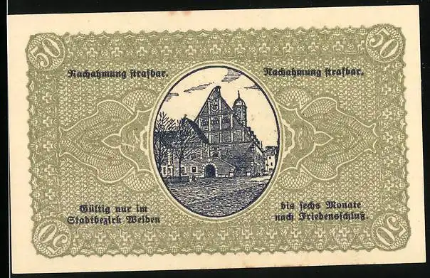 Notgeld Weiden 1918, 50 Pfennig, Blick zum Rathaus