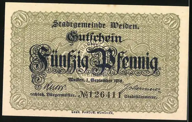 Notgeld Weiden 1918, 50 Pfennig, Blick zum Rathaus