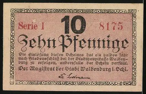 Notgeld Waldenburg in Schlesien, 10 Pfennig, Rathaus