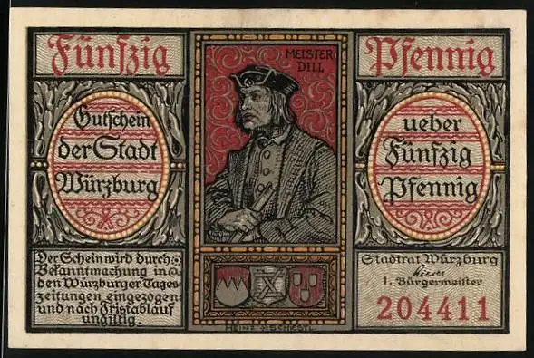 Notgeld Würzburg, 50 Pfennig, Stadtwappen und Meister Dill