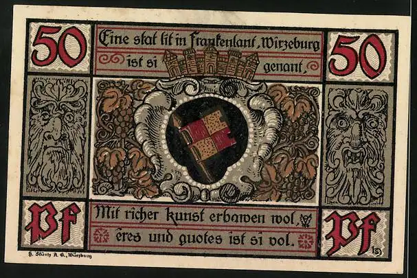 Notgeld Würzburg, 50 Pfennig, Stadtwappen und Meister Dill