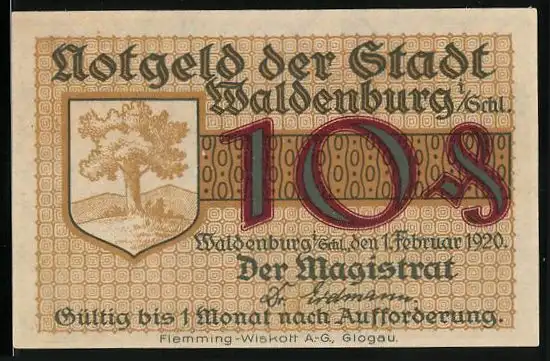 Notgeld Waldenburg i. Schlesien 1920, 10 Pfennige, Wappen und Arbeit ist diequelle allen Reichtums
