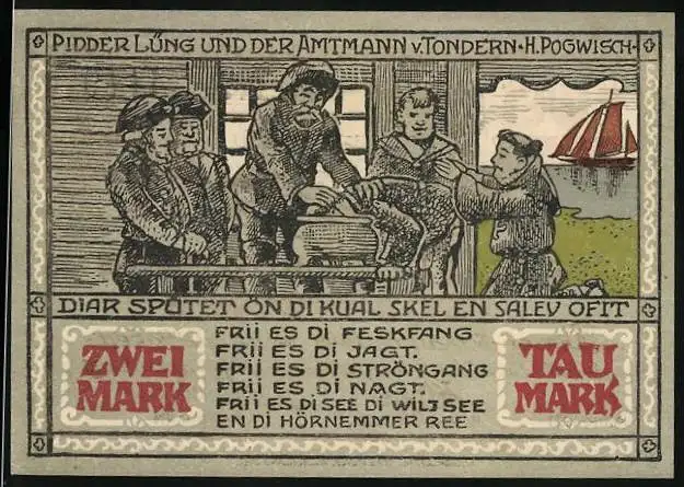 Notgeld Westerland /Sylt 1921, Zwei Mark, Fischer unfd Wappen