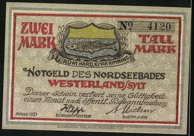 Notgeld Westerland /Sylt 1921, Zwei Mark, Fischer unfd Wappen