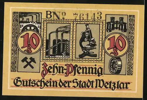 Notgeld Wetzlar 1920, 10 Pfennig, Fabrikgelände, Mikroskop