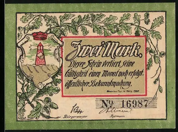 Notgeld Westerland /Sylt 1920, Zwei Mark, Eichenlaub mit Leuchtturm, Sylt bleibt deutsch