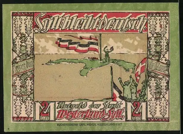 Notgeld Westerland /Sylt 1920, Zwei Mark, Eichenlaub mit Leuchtturm, Sylt bleibt deutsch