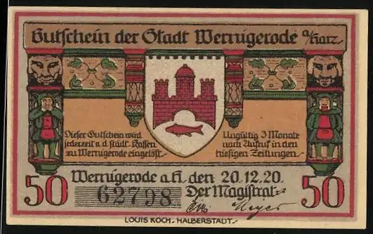 Notgeld Wernigerode a. Harz 1920, 50 Pfennig, Wappen und Rathaus