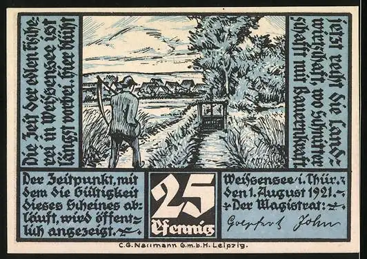 Notgeld Weissensee i. Thür. 1921, 25 Pfennig, Fischerbrunnen, Bauer mit Sense