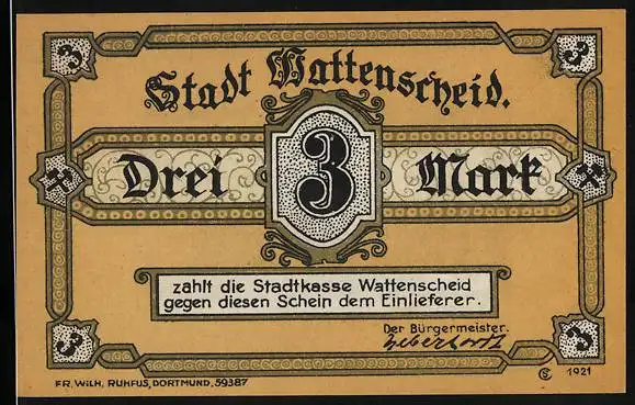 Notgeld Wattenscheid 1921, 3 Mark, Zeche Centrum 1 /3