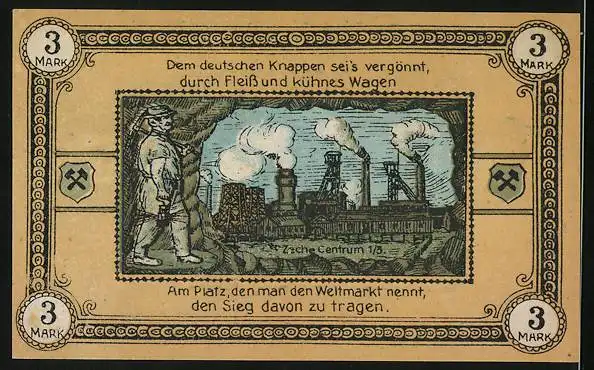 Notgeld Wattenscheid 1921, 3 Mark, Zeche Centrum 1 /3