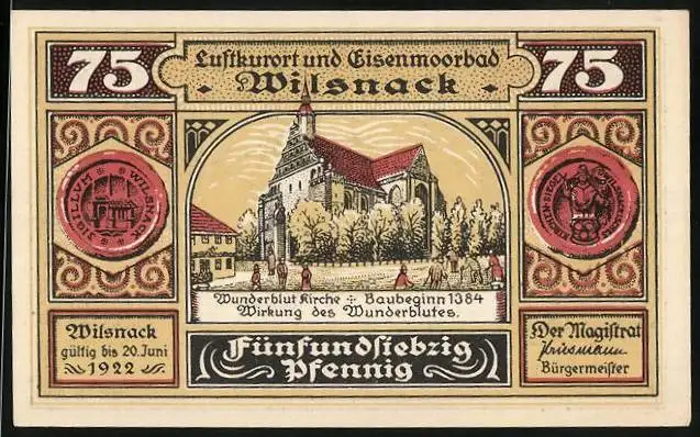 Notgeld Bad Wilsnack 1922, 75 Pfennig, Kirche von 1384, betende am Altar 1383