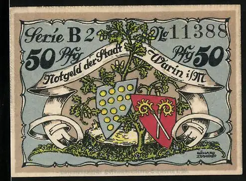 Notgeld Warin i. M. 1922, 50 Pfennig, Wappen und Ortspartie