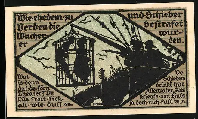 Notgeld Verden (Aller) 1921, 50 Pfennig, Bestrafung der Wucherer und Schieber, Ortspartie mit Wappen