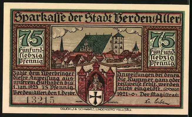 Notgeld Verden (Aller) 1921, 75 Pfennig, Der steinerne Mann am Dom, Ortspartie mit Wappen