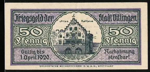 Notgeld Villingen 1918, 50 Pfennig, Altes Rathaus und Wappen