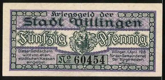 Notgeld Villingen 1918, 50 Pfennig, Altes Rathaus und Wappen