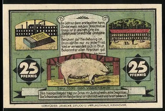 Notgeld Visselhövede 1921, 25 Pfennig, Sau, Streichholzschachtel, Vissel-Quelle