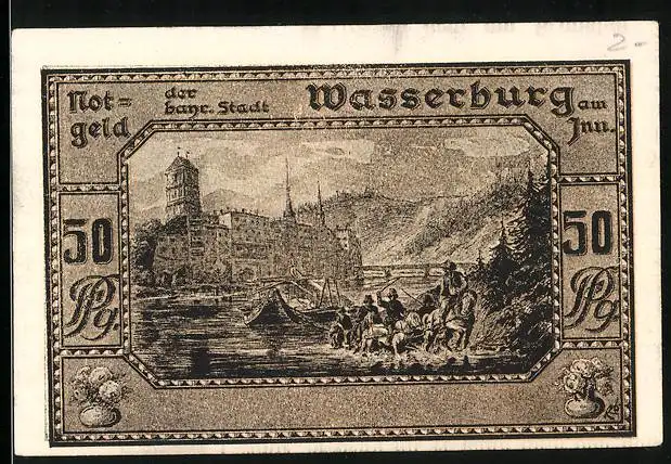 Notgeld Wasserburg am Inn 1920, 50 Pfennig, Blick zum Schloss, wappen