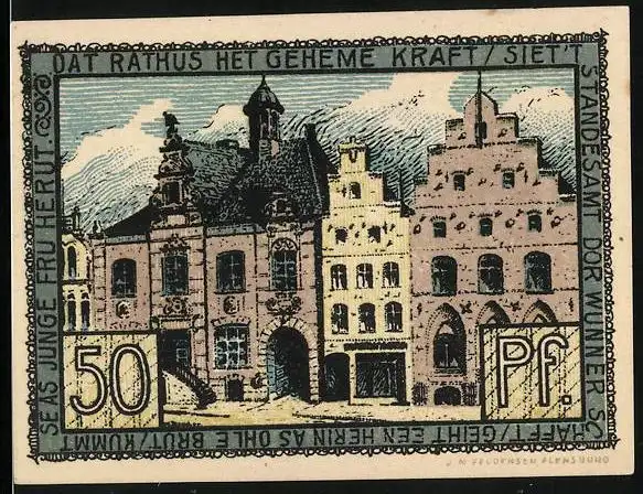 Notgeld Husum, 50 Pfennig, Rathaus und Wappen
