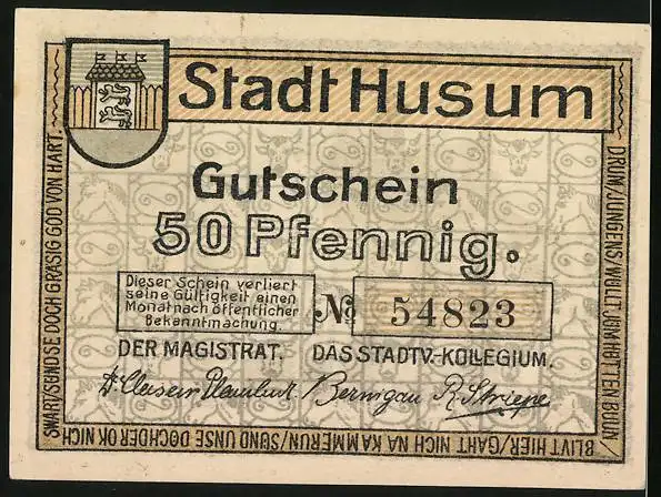 Notgeld Husum, 50 Pfennig, Rathaus und Wappen