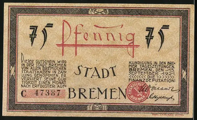 Notgeld Bremen 1921, 75 Pfennig, Die grosse Weserbrücke mit Wappen