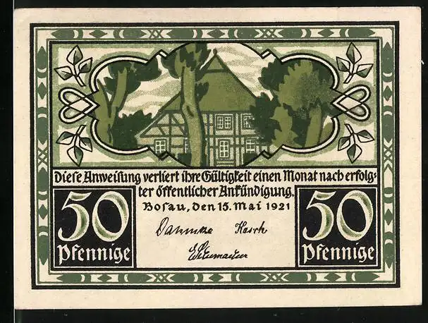 Notgeld Bosau 1921, 50 Pfennig, Fachwerkhaus, Kirchspiel Bosau
