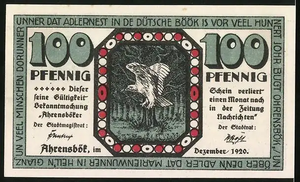 Notgeld Ahrensbök 1920, 100 Pfennig, Ortsansicht und Wappen