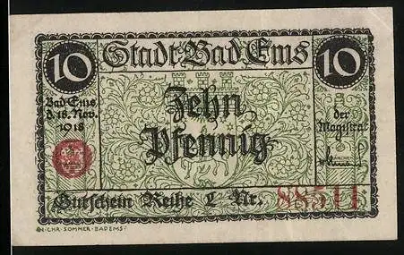 Notgeld Bad Ems 1918, 10 Pfennig, Ortsansicht mit Kränchen
