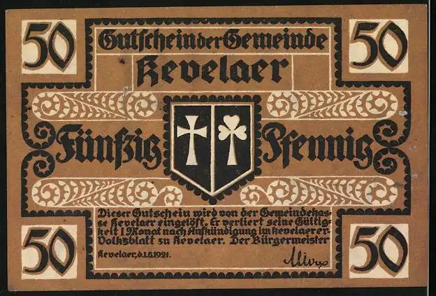 Notgeld Kevelaer 1921, 50 Pfennig, Gnadenbild und Wappen