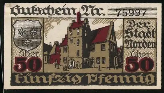 Notgeld Norden 1919, 50 Pfennig, Rathaus mit Wappen