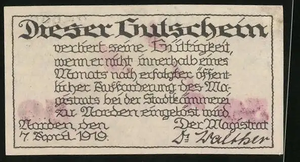 Notgeld Norden 1919, 50 Pfennig, Rathaus mit Wappen