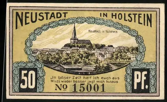 Notgeld Neustadt in Holstein 1921, 50 Pfennig, Ortsansicht, Der Löwe von Dänemark mit Wappen