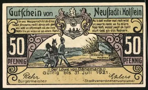 Notgeld Neustadt in Holstein 1921, 50 Pfennig, Ortsansicht, Der Löwe von Dänemark mit Wappen