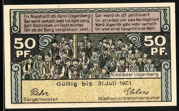 Notgeld Neustadt /Holstein 1921, 50 Pfennig, Niestäster Lögenbarg, Augusta Victoria Warte