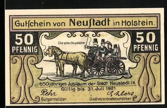 Notgeld Neustadt in Holstein 1921, 50 Pfennig, die alten Neustädter im Pferdewagen, Partie am Hafen