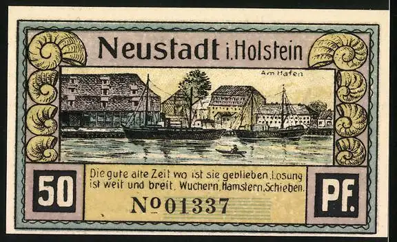 Notgeld Neustadt in Holstein 1921, 50 Pfennig, die alten Neustädter im Pferdewagen, Partie am Hafen