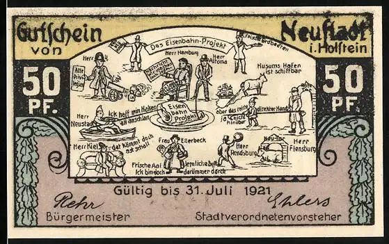 Notgeld Neustadt in Holstein 1921, 50 Pfennig, Das Eisenbahn-Projekt, Rathaus am Markt