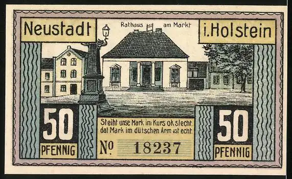 Notgeld Neustadt in Holstein 1921, 50 Pfennig, Das Eisenbahn-Projekt, Rathaus am Markt