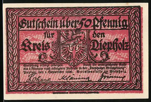 Notgeld Diepholz 1920, 50 Pfennig, Wappen und Kirche