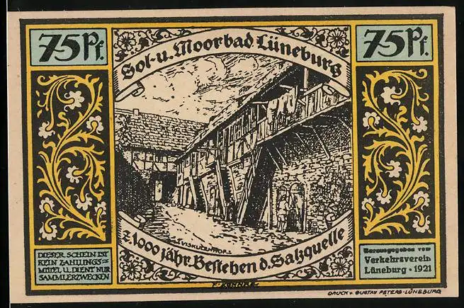 Notgeld Lüneburg 1921, 75 Pfennig, Salzquelle und Verbrennung der Kope vor dem Stadttor