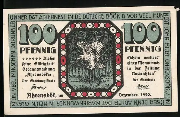 Notgeld Ahrensbök 1920, 100 Pfennig, Wappen und Ortsansicht