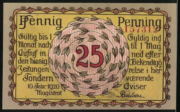 Notgeld Tondern 1920, 25 Pfennig, Plebiscit Slesvig, Guldhornet