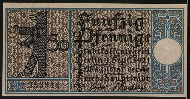 Notgeld Berlin-Kreuzberg 1921, 50 Pfennig, das Hallesche Tor im Jahre 1845, Berliner Bär