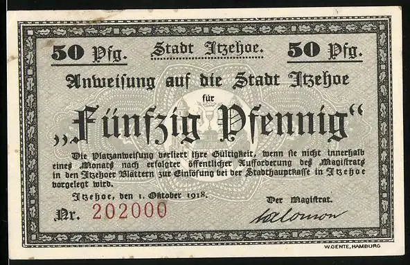 Notgeld Itzehoe 1918, 50 Pfennig, Ortsansicht aus der Ferne, Karl der Grosse