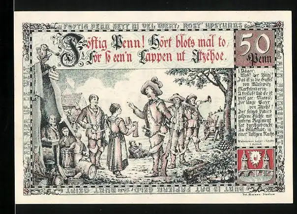 Notgeld Itzehoe 1920, 50 Pfennig, Geschichtliches Bild mit Jägern