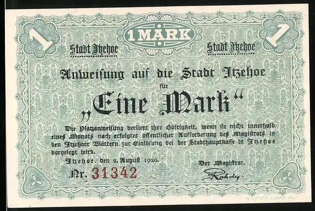 Notgeld Itzehoe 1920, 1 Mark, Geschichtliches Bildnis mit Jägern