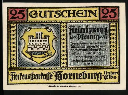 Notgeld Horneburg /Elbe 1921, 25 Pfennig, Wappen und Geesthaus