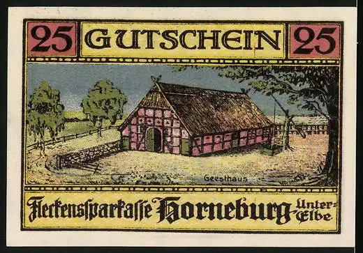 Notgeld Horneburg /Elbe 1921, 25 Pfennig, Wappen und Geesthaus