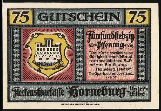 Notgeld Horneburg /Elbe 1921, 75 Pfennig, Wappen und Langestrasse